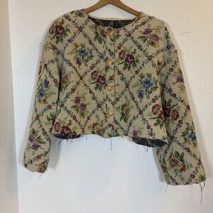 Floral Tapestry Brocade Jacket L Romantic Victorian Cottagecore Gold Button